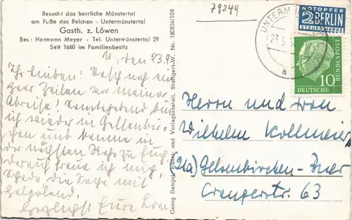 Münstertal/Schwarzwald  Untermünstertal 1954   gel Stempel Untermünstertal