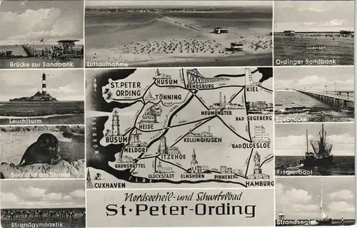 St. Peter-Ording Mehrbildkarte ua. Leuchturm,  Strand, Umgebungskarte 1966