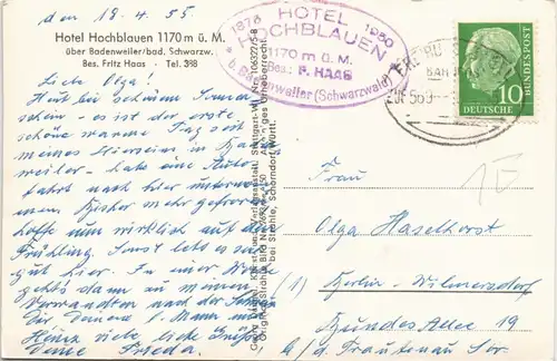 Ansichtskarte Malsburg-Marzell Hochblauen Blick auf Hotel (Badenweiler) 1955   gelaufen mit Bahnpost (Bahnpoststempel Zug 569)