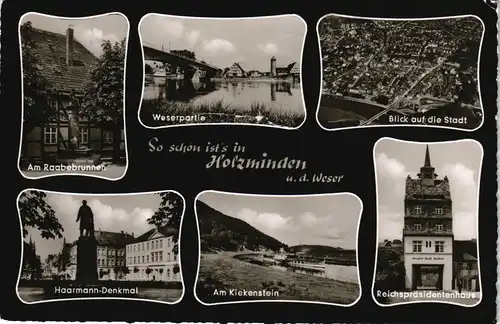 Holzminden Mehrbild-AK mit Raabebrunnen, Haarmann-Denkmal, Kiekenstein uvm. 1959