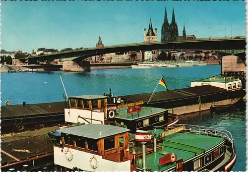 Ansichtskarte Köln Rheinbrücke Deutz, Dom, Rhein Frachtschiffe 1975