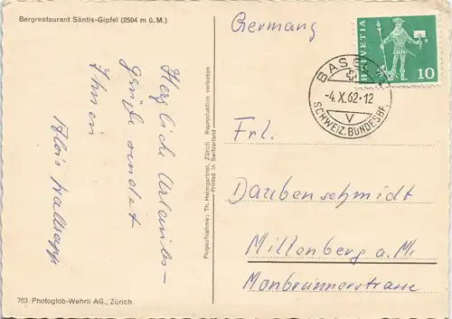 Schwende Bergrestaurant Säntis-Gipfel vom Flugzeug aus 1962  gel Stempel BASEL