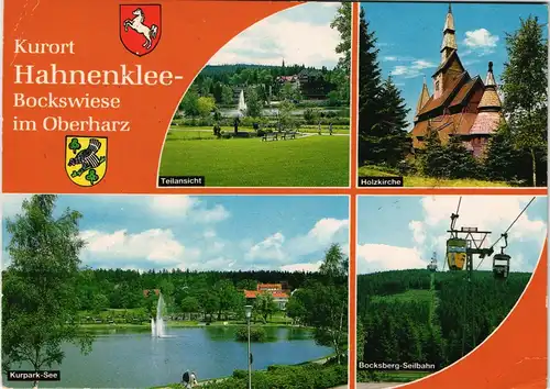 Hahnenklee-Bockswiese-Goslar Mehrbild-AK mit Holz-Kirche, See und Seilbahn 1975