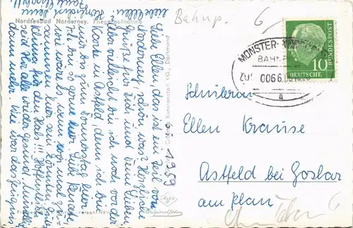 Ansichtskarte Norderney Fliegeraufnahme 1959   gel   (Bahpoststempel Zug 00.66)