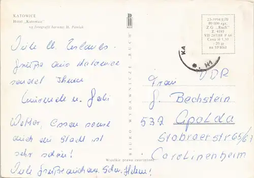 Postcard Kattowitz Katowice Hotel Katowice 1968