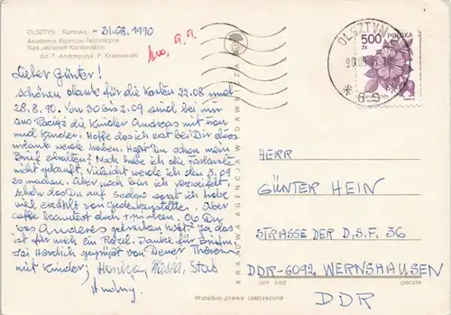 Postcard Allenstein Olsztyn MB - Kortowo 1985