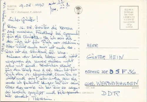 Postcard Allenstein Olsztyn Novotel MB - Lada 1989