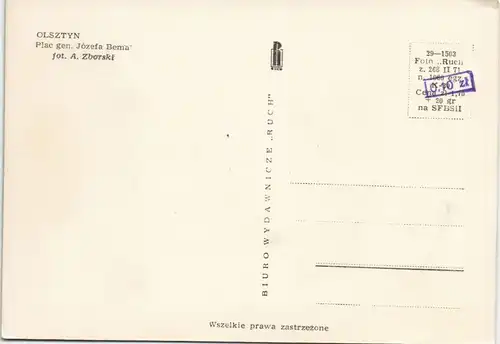 Postcard Allenstein Olsztyn Plac gen. Józefa Bema 1966