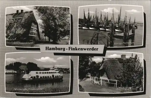 Ansichtskarte Finkenwerder-Hamburg Fischerflotte, Häuser, Fähre 1986