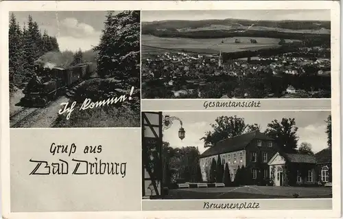 Ansichtskarte Bad Driburg Dampflok ich Komme! Brunnenplatz, Totale 1952