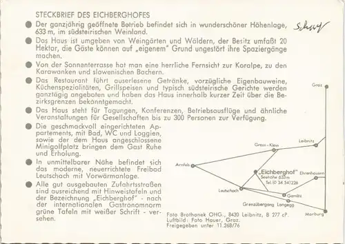 Leutschach Werbe-Karte Restaurant Pension Weingut Eichberghof 1975