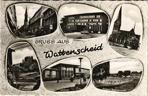 Ansichtskarte Wattenscheid-Bochum Oststraße, Bahnhof, Ehrenmal, Stadion 1966