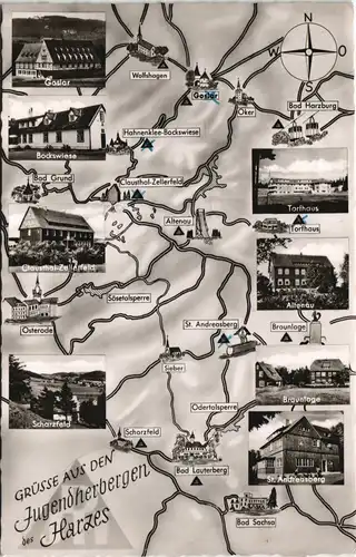 Ansichtskarte .Niedersachsen Jugendherbergen im Harz Landkarte Ansichten 1960