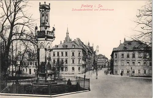 Ansichtskarte Freiberg (Sachsen) Petersstraße, Schwedendenkmal 1913