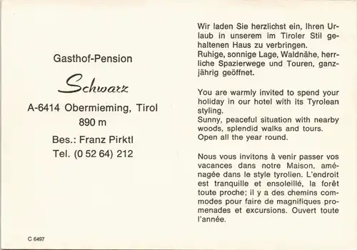 Sammelkarte Mieming Gasthof Pension SCHWARZ in Obermieming 1975