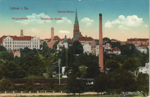 Ansichtskarte Löbau Bürgerschule, Wendische Kirche Fabrik 1913