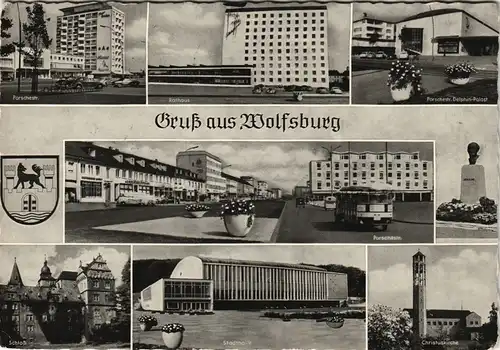 Ansichtskarte Wolfsburg MB: Porschestraße, Kirche, Stadthalle 1964