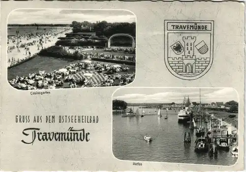 Ansichtskarte Travemünde-Lübeck Hafen und Casinogarten 1961