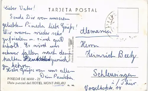 Postales Pineda de Mar Hotel Mont-Palau 1955