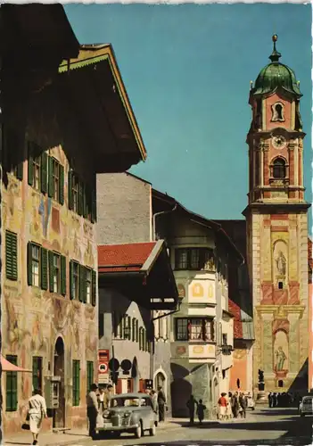 Ansichtskarte Mittenwald Dorfstraße mit Neunerhaus und Pfarrkirche 1955