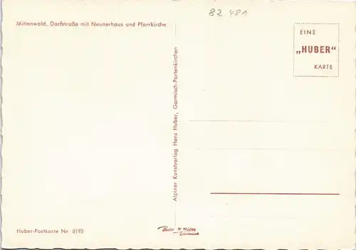 Ansichtskarte Mittenwald Dorfstraße mit Neunerhaus und Pfarrkirche 1955