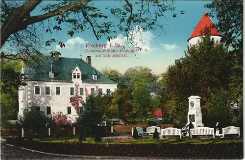 Ansichtskarte Freiberg (Sachsen) Clemens-Winkler-Denkmal Schloßplatz 1913