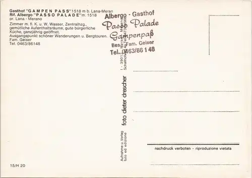 Meran Merano Gasthof GAMPEN PASS Albergo PASSO PALADE in LANA 1980
