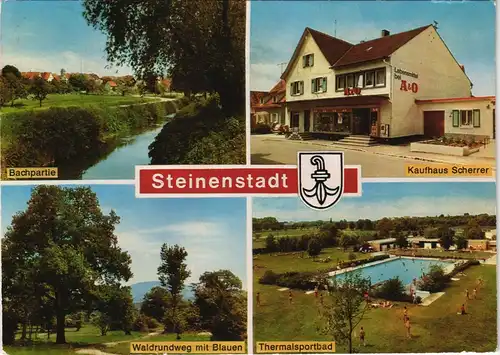 Ansichtskarte Steinenstadt über Müllheim Kaufhaus, Bach, Schwimmbad 1972