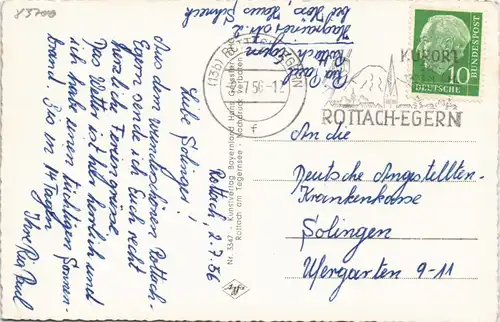Ansichtskarte Egern-Rottach-Egern Segelboot vor der Stadt 1956