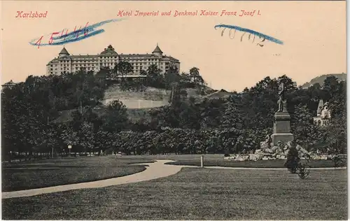 Karlsbad Karlovy Vary Hotel Imperial und Denkmal Kaiser Franz Josef I. 1913