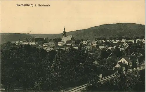 Ansichtskarte Wechselburg Panorama, Kirche, Bahndamm 1913