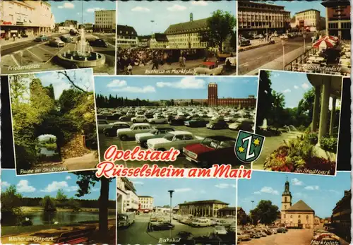 Ansichtskarte Rüsselsheim : Bahnhof, Stadt, Freidensplatz 1964