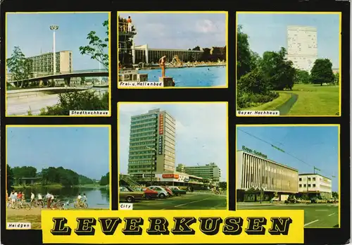 Ansichtskarte Leverkusen Stadthochhaus, BAYER AG, City, Schwimmbad 1986