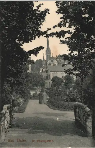 Ansichtskarte Bad Elster Partie im Rosengarten - Kirche 1913