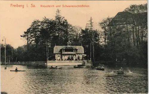 Ansichtskarte Freiberg (Sachsen) Kreuzteich und Schwanenschlößchen. 1913