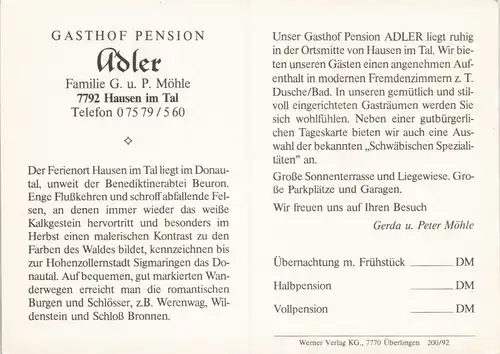 Sammelkarte Hausen im Tal-Beuron Gasthof - Pension Adler MB 1978