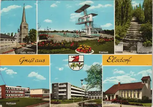Ansichtskarte Elsdorf (Rheinland) Kirche, Schwimmbad, Neubauten 1972