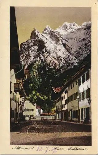Ansichtskarte Mittenwald Untere Marktstraße mit Karwendel Gebirge 1920