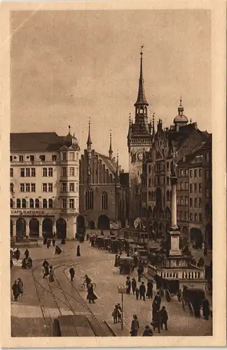 Ansichtskarte München Marienplatz belebt mit Café Rathaus 1920