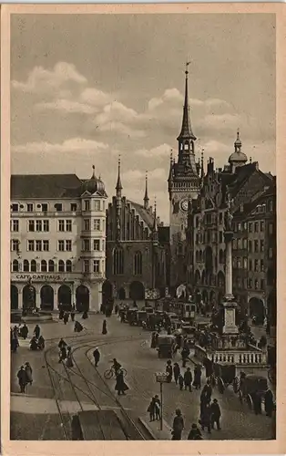 Ansichtskarte München Marienplatz belebt, Tram, Autos, Café Rathaus 1924