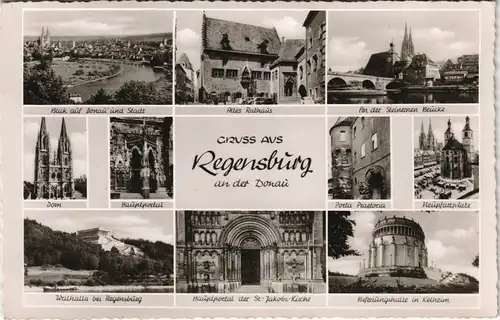 Regensburg Mehrbild-AK ua. Dom, Walhalla, Stadtteilansichten 1960