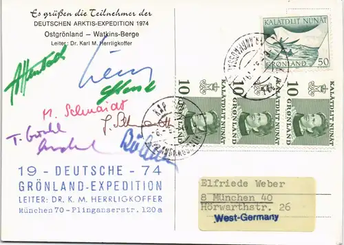 Arktis Arctic Grönland Expedition gel. Autogramme der Teilnehmer 1974
