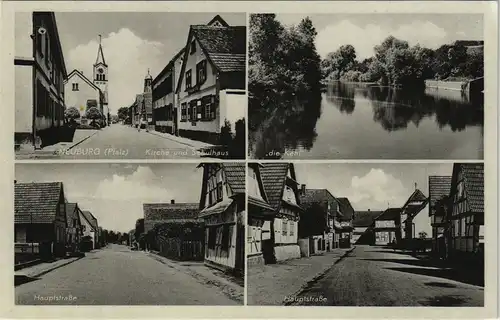 Neuburg am Rhein Mehrbild-AK mit Hauptstrasse, Kirche, Schulhaus 1940