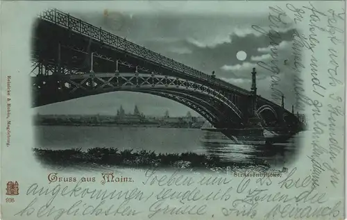 Ansichtskarte Mainz Rheinbrücke Straßenbrücke bei Mondschein 1898 Luna