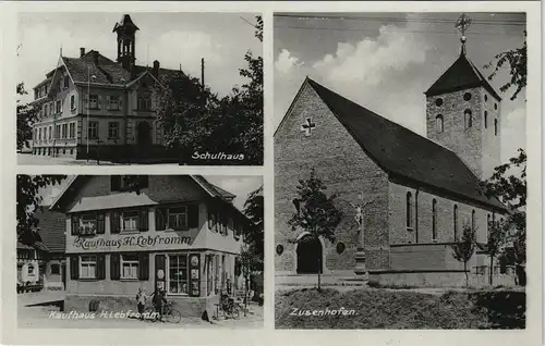 Ansichtskarte Zusenhofen-Oberkirch (Baden) Schulhaus, Kaufhaus, Kirche 1934