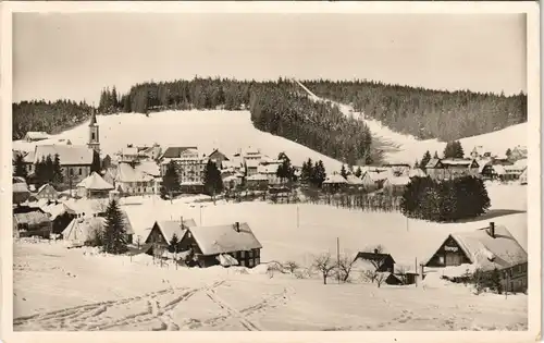 Ansichtskarte Schönwald im Schwarzwald Stadt im Winter gel. Bahnpost 1956