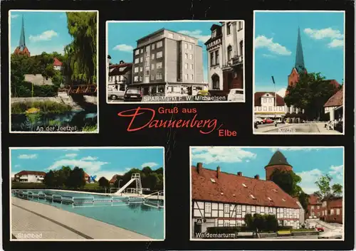 Ansichtskarte Dannenberg (Elbe) Sparmarkt, Kirche, Stadtbad 1974