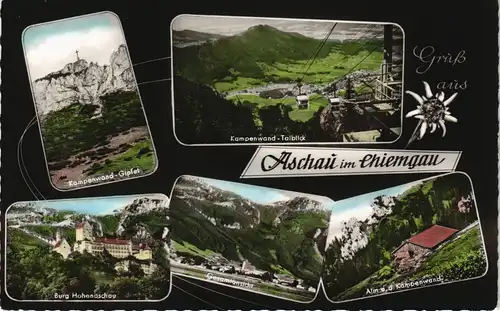 Aschau im Chiemgau Mehrbild-AK mit Burg, Panorama, Alm Kampenwand 1963