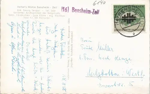 Bensheim Vetter`s Mühle Gaststätte 1958   mit Landpost-Langstempel 16