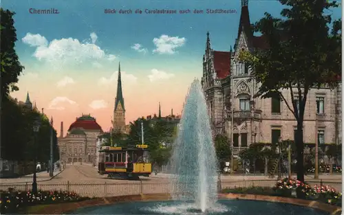Ansichtskarte Chemnitz Carolastraße, Straßenbahn 1913